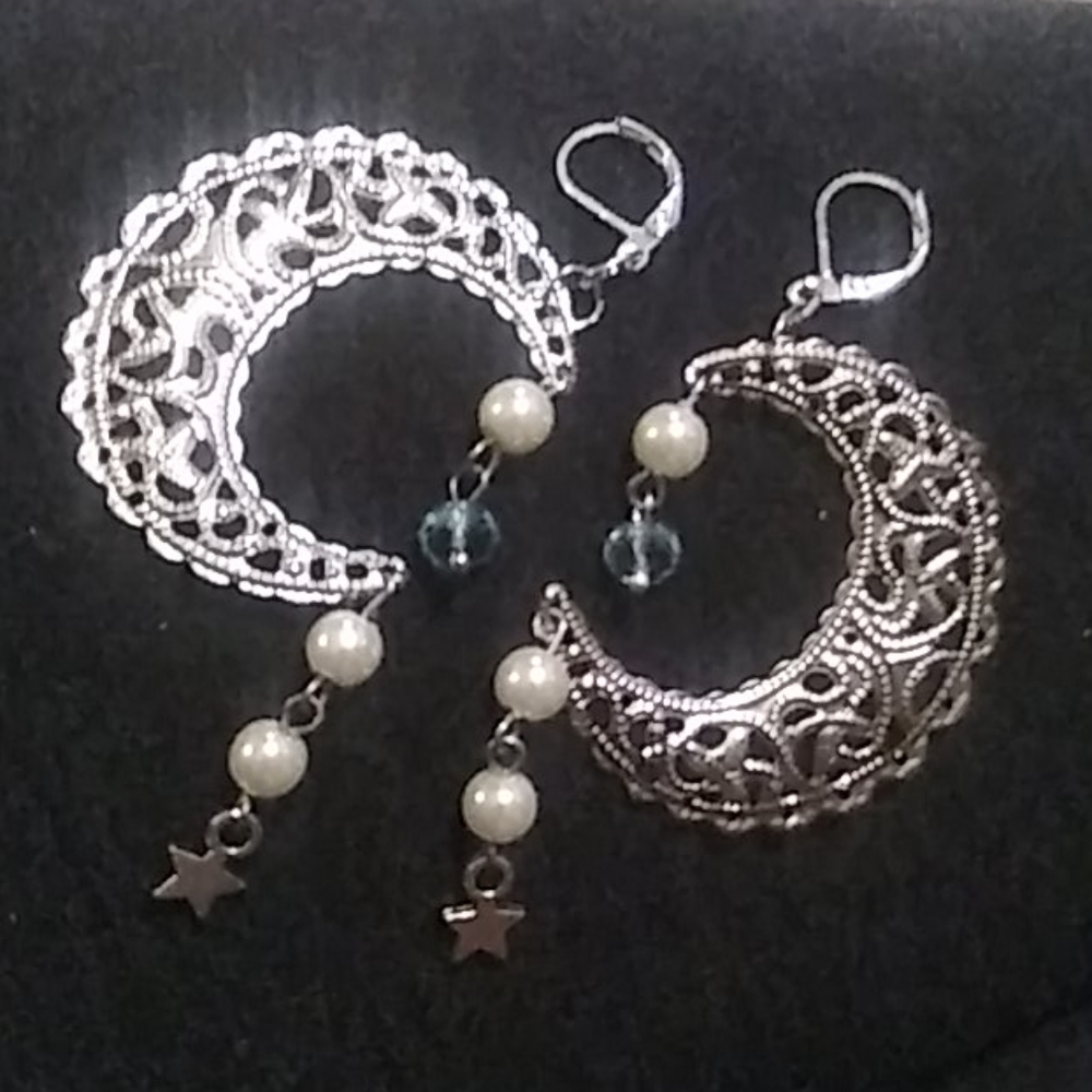 Moon Blue Crystal and Pearl Star Drop Earrings